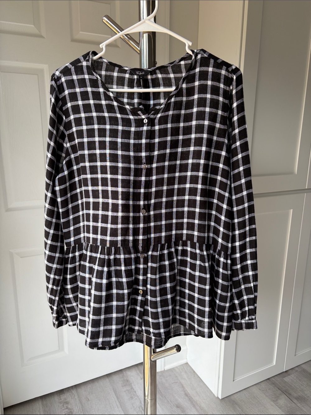 Rails Black and White Plaid Button-Down Peplum Top, Size M.